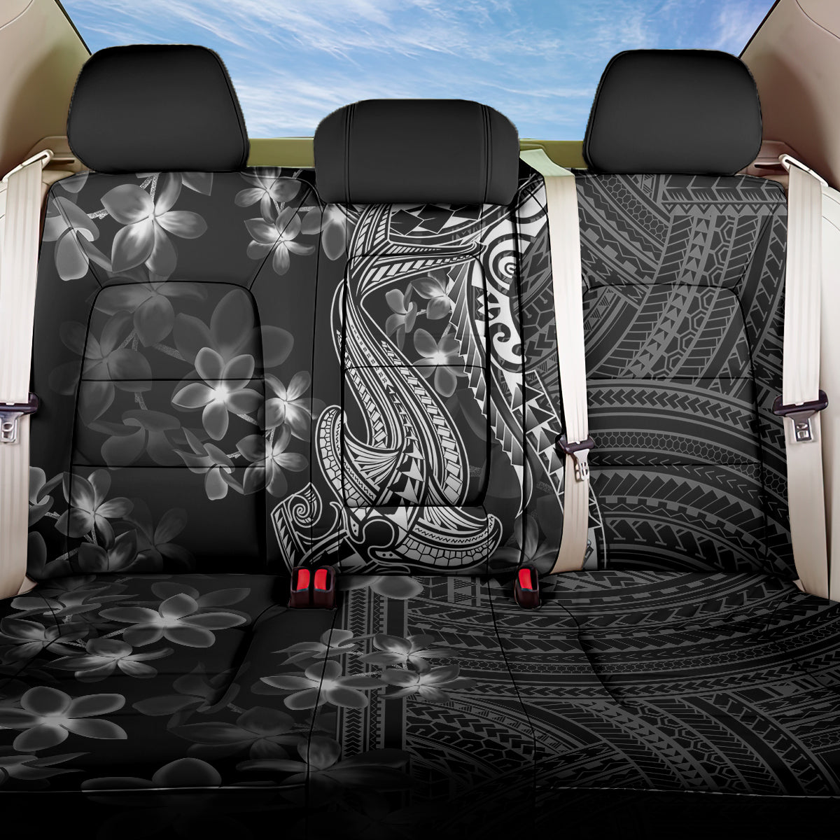 Black Polynesia Back Car Seat Cover Shark Tattoo With Polynesian Plumeria LT14 One Size Black - Polynesian Pride