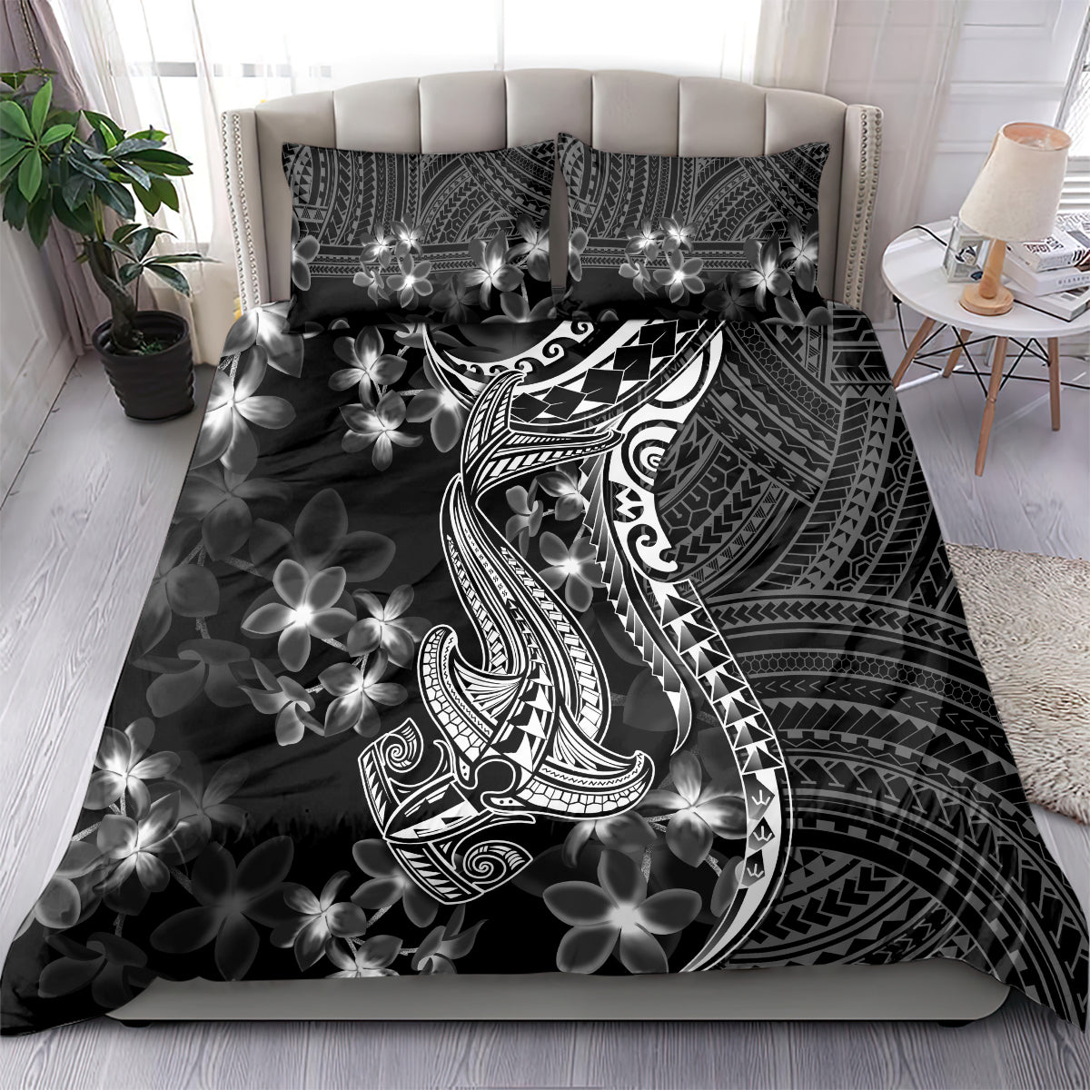 Black Polynesia Bedding Set Shark Tattoo With Polynesian Plumeria LT14 - Polynesian Pride