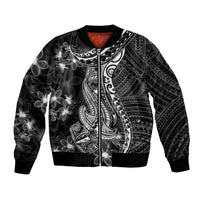 Black Polynesia Bomber Jacket Shark Tattoo With Polynesian Plumeria LT14 Unisex Black - Polynesian Pride