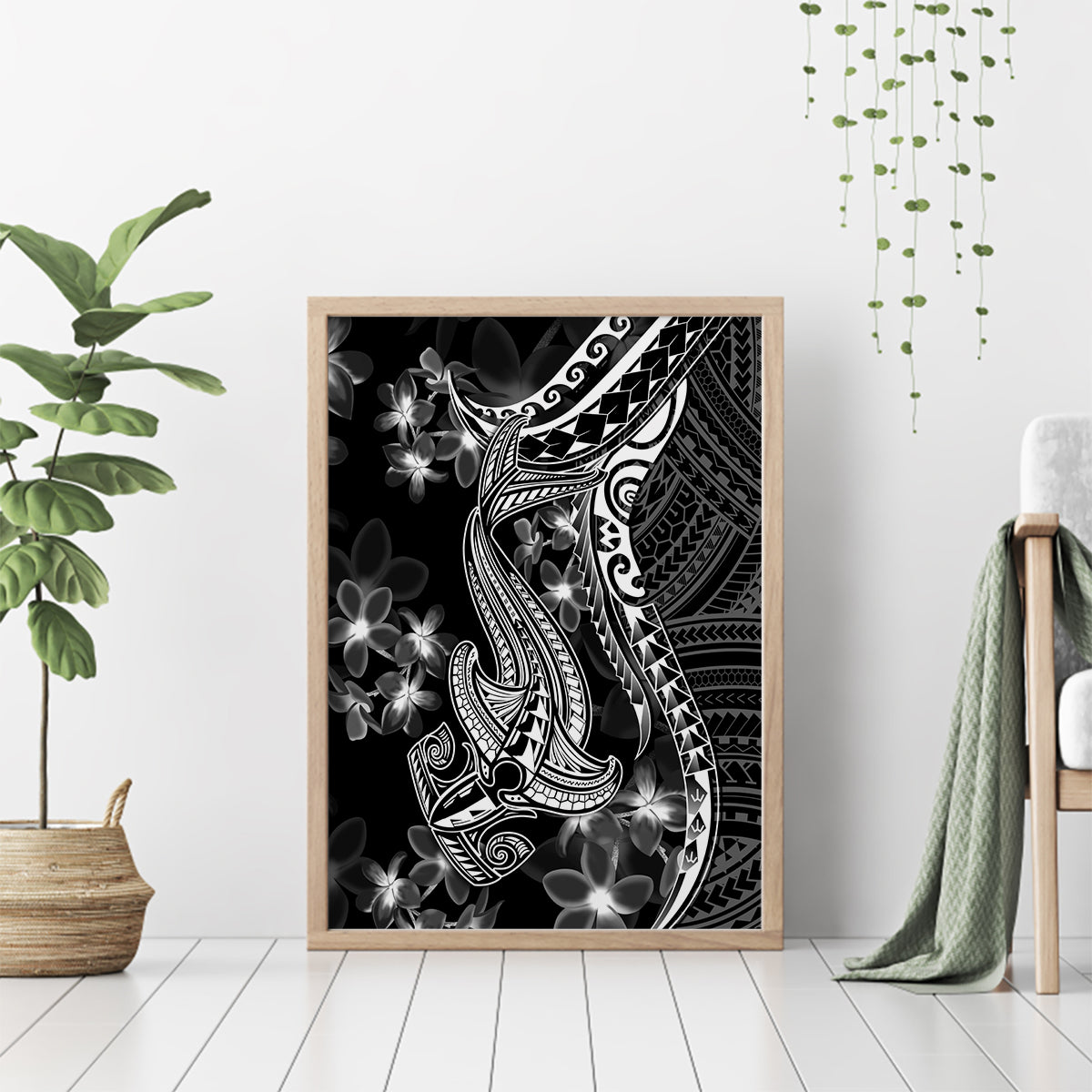 Black Polynesia Canvas Wall Art Shark Tattoo With Polynesian Plumeria LT14 - Polynesian Pride
