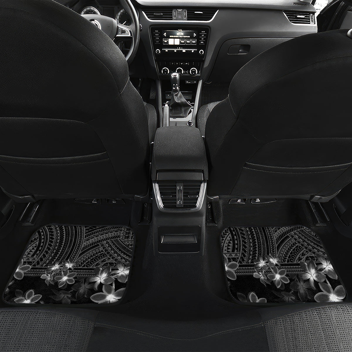 Black Polynesia Car Mats Shark Tattoo With Polynesian Plumeria LT14 - Polynesian Pride