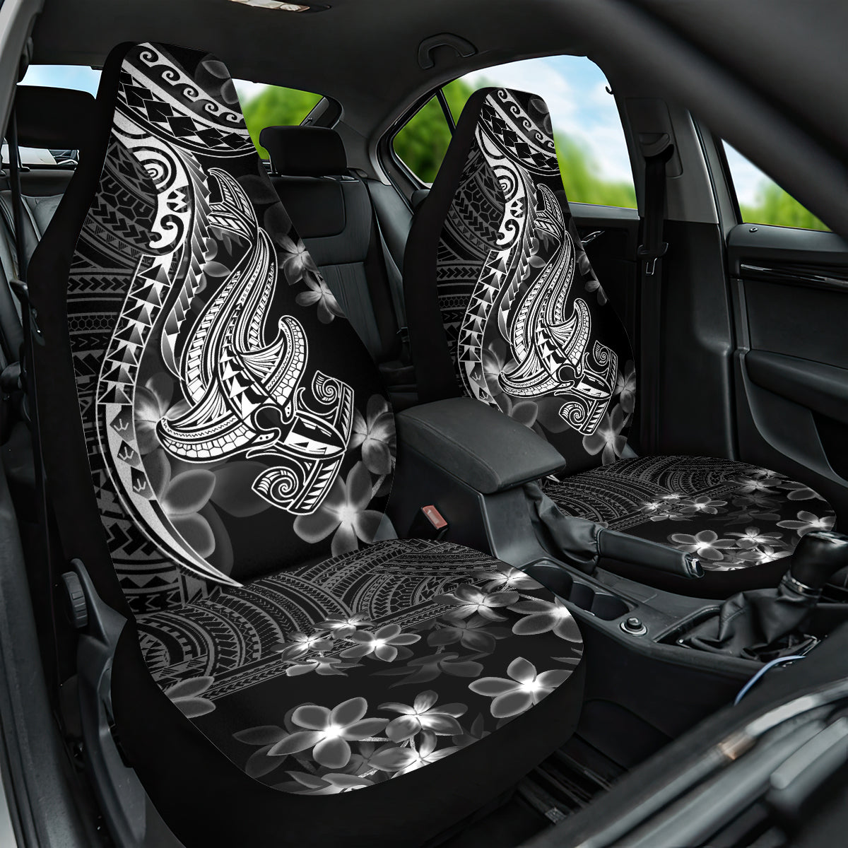 Black Polynesia Car Seat Cover Shark Tattoo With Polynesian Plumeria LT14 One Size Black - Polynesian Pride