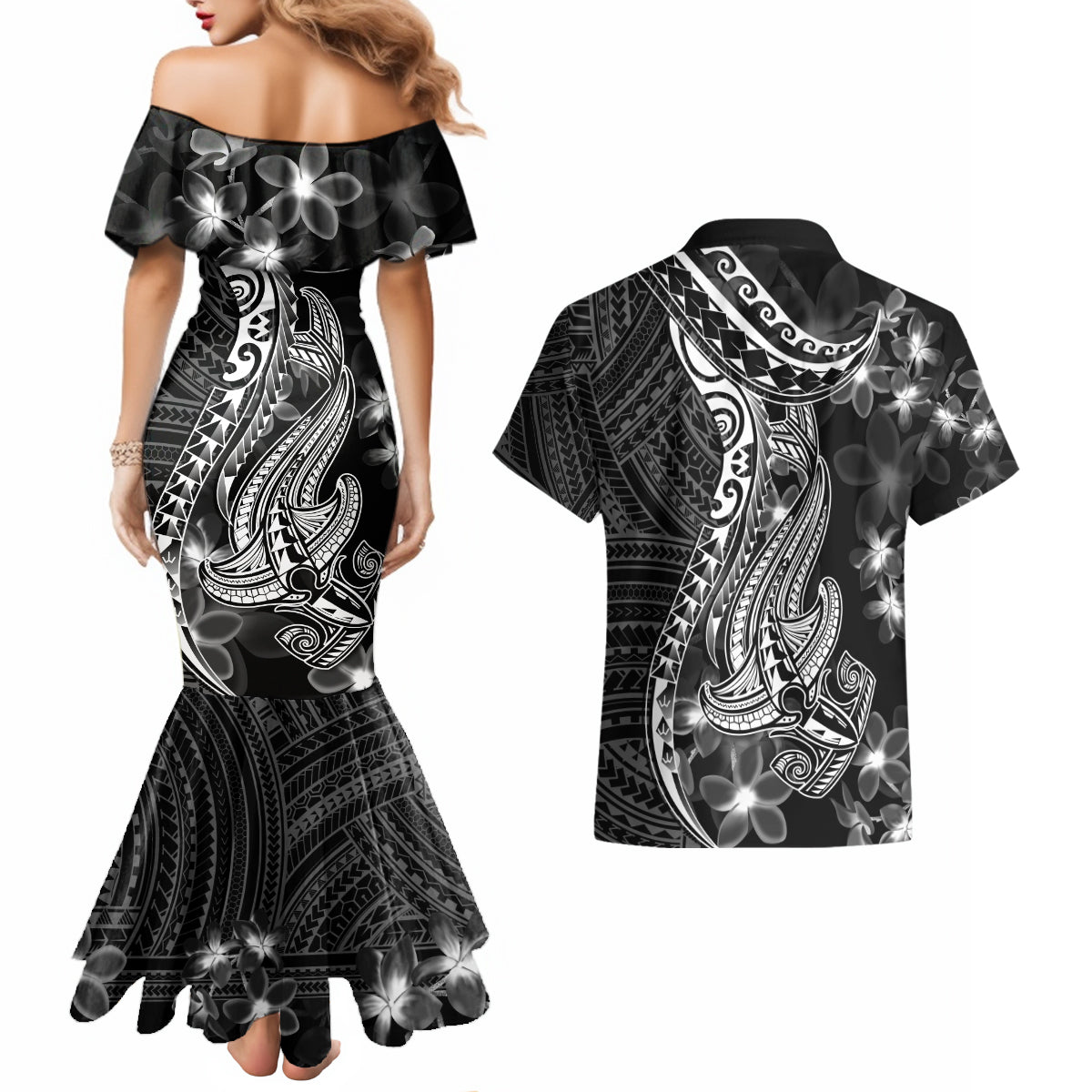 Black Polynesia Couples Matching Mermaid Dress and Hawaiian Shirt Shark Tattoo With Polynesian Plumeria LT14 - Polynesian Pride