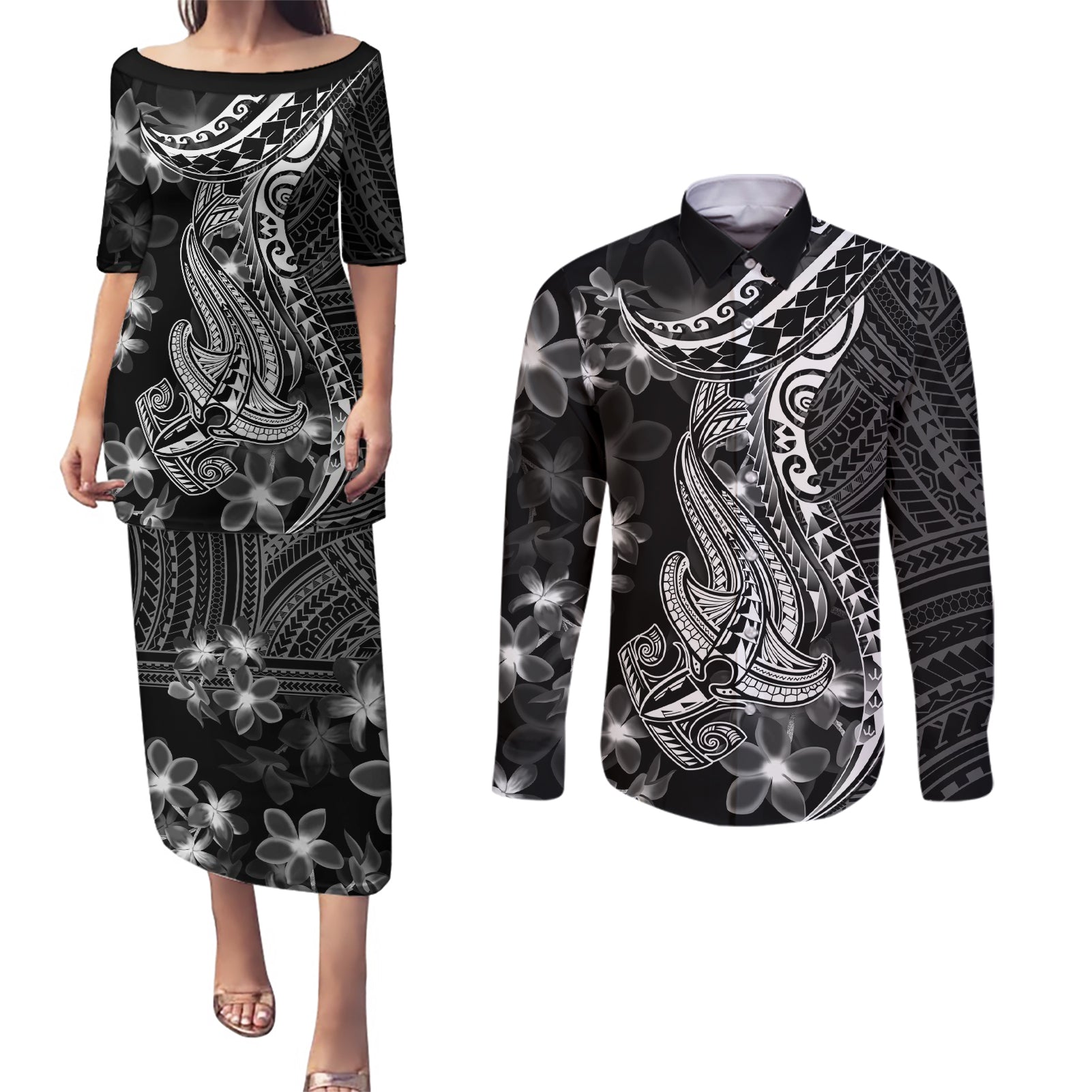 Black Polynesia Couples Matching Puletasi Dress and Long Sleeve Button Shirt Shark Tattoo With Polynesian Plumeria LT14 Black - Polynesian Pride
