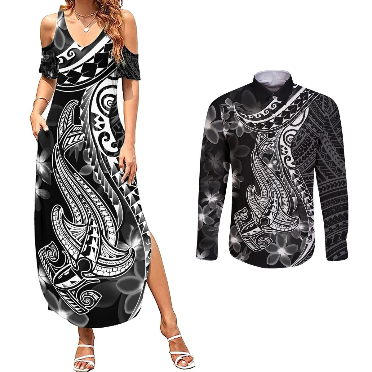 Black Polynesia Couples Matching Summer Maxi Dress and Long Sleeve Button Shirt Shark Tattoo With Polynesian Plumeria LT14 Black - Polynesian Pride