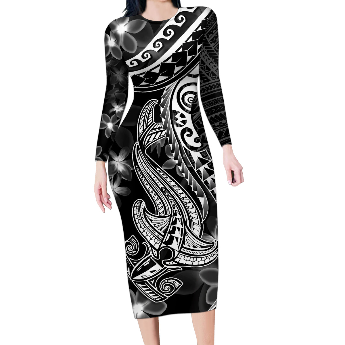 Black Polynesia Family Matching Long Sleeve Bodycon Dress and Hawaiian Shirt Shark Tattoo With Polynesian Plumeria LT14 Mom's Dress Black - Polynesian Pride