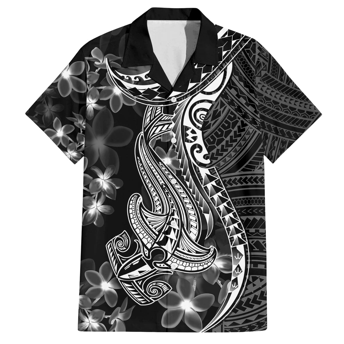 Black Polynesia Family Matching Off Shoulder Short Dress and Hawaiian Shirt Shark Tattoo With Polynesian Plumeria LT14 Dad's Shirt - Short Sleeve Black - Polynesian Pride