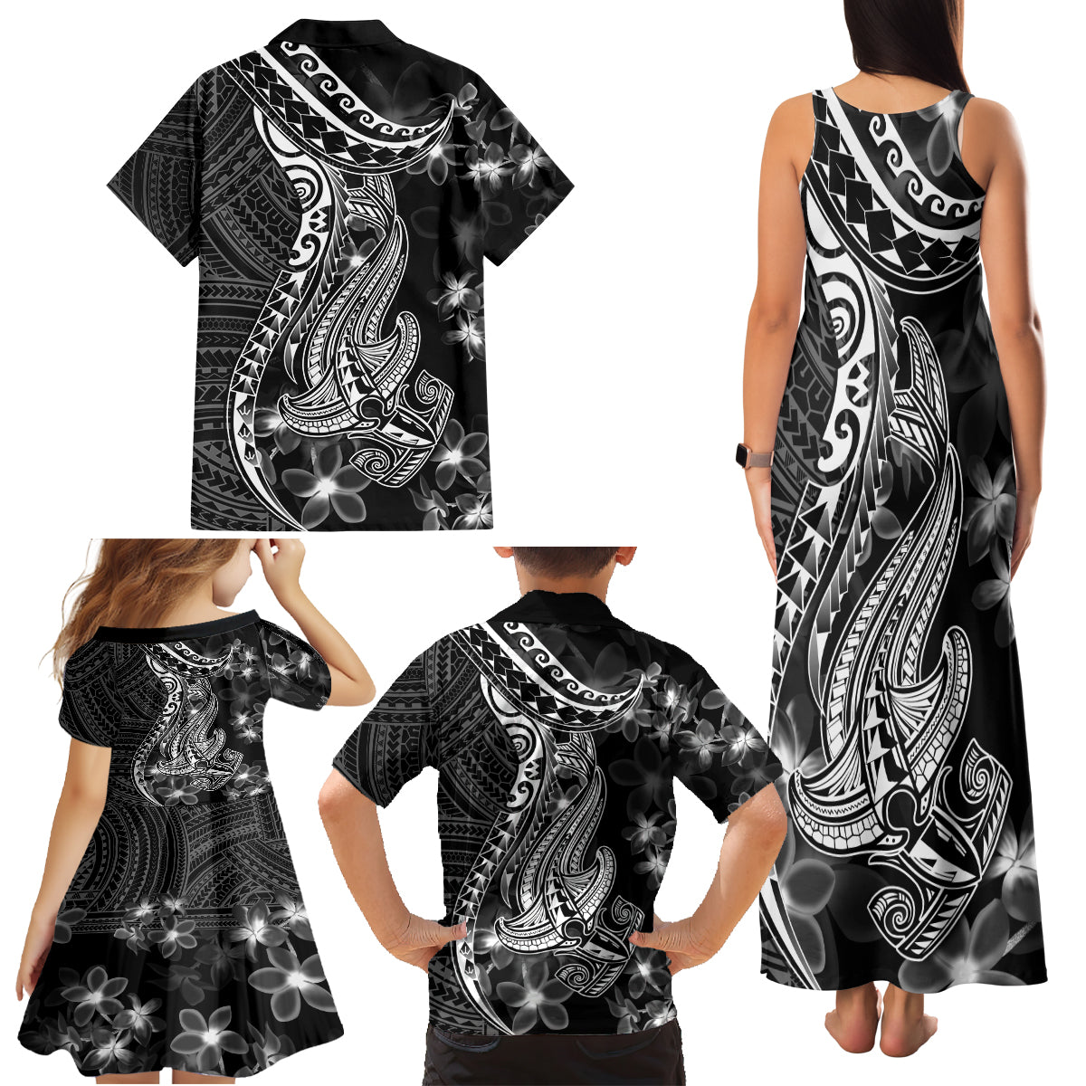 Black Polynesia Family Matching Tank Maxi Dress and Hawaiian Shirt Shark Tattoo With Polynesian Plumeria LT14 - Polynesian Pride