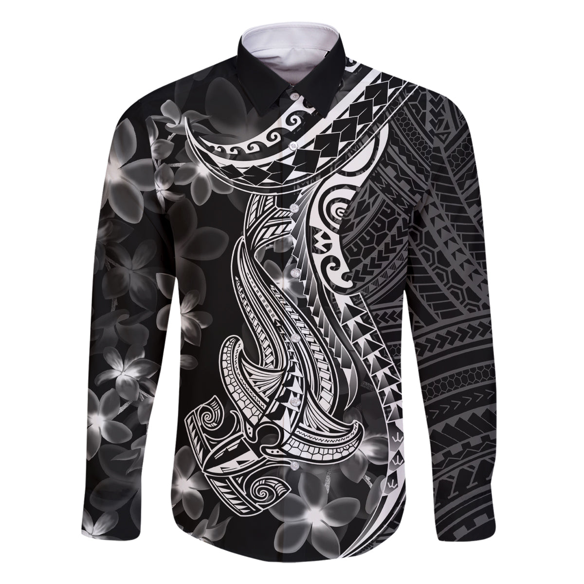 Black Polynesia Family Matching Tank Maxi Dress and Hawaiian Shirt Shark Tattoo With Polynesian Plumeria LT14 Dad's Shirt - Long Sleeve Black - Polynesian Pride