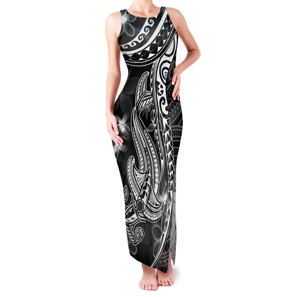 Black Polynesia Family Matching Tank Maxi Dress and Hawaiian Shirt Shark Tattoo With Polynesian Plumeria LT14 Mom's Dress Black - Polynesian Pride