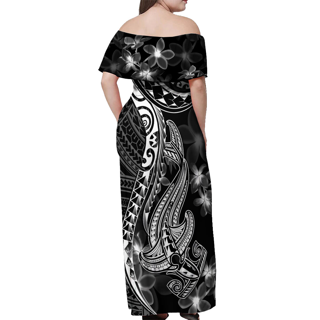 Black Polynesia Off Shoulder Maxi Dress Shark Tattoo With Polynesian Plumeria LT14 - Polynesian Pride