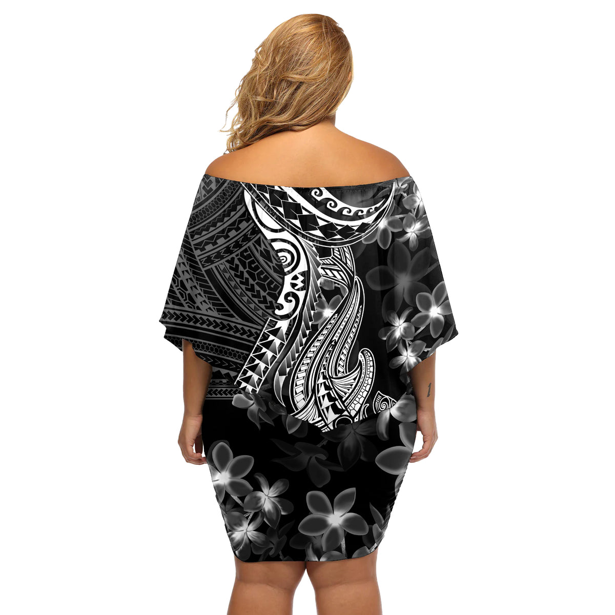 Black Polynesia Off Shoulder Short Dress Shark Tattoo With Polynesian Plumeria LT14 - Polynesian Pride