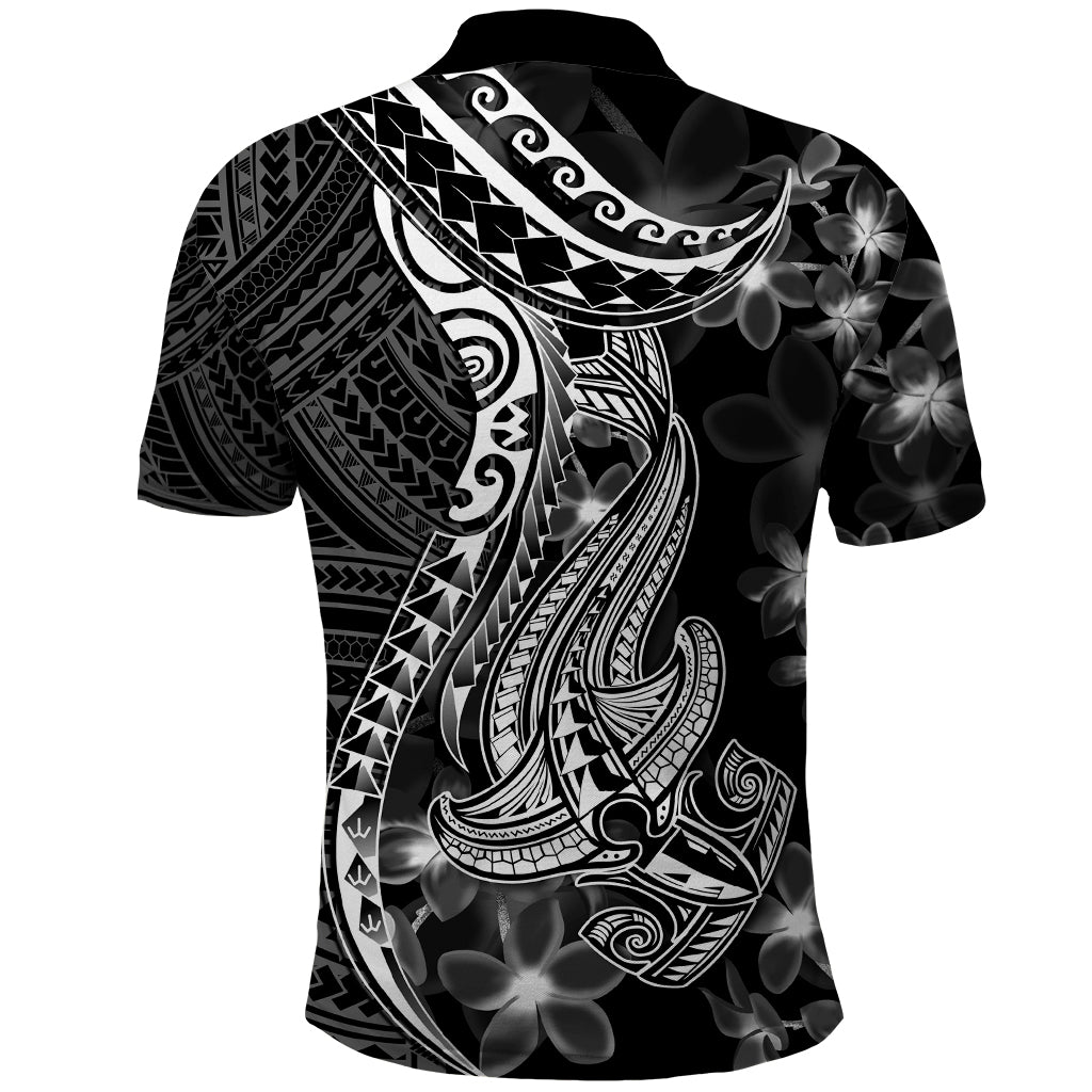 Black Polynesia Polo Shirt Shark Tattoo With Polynesian Plumeria LT14 - Polynesian Pride
