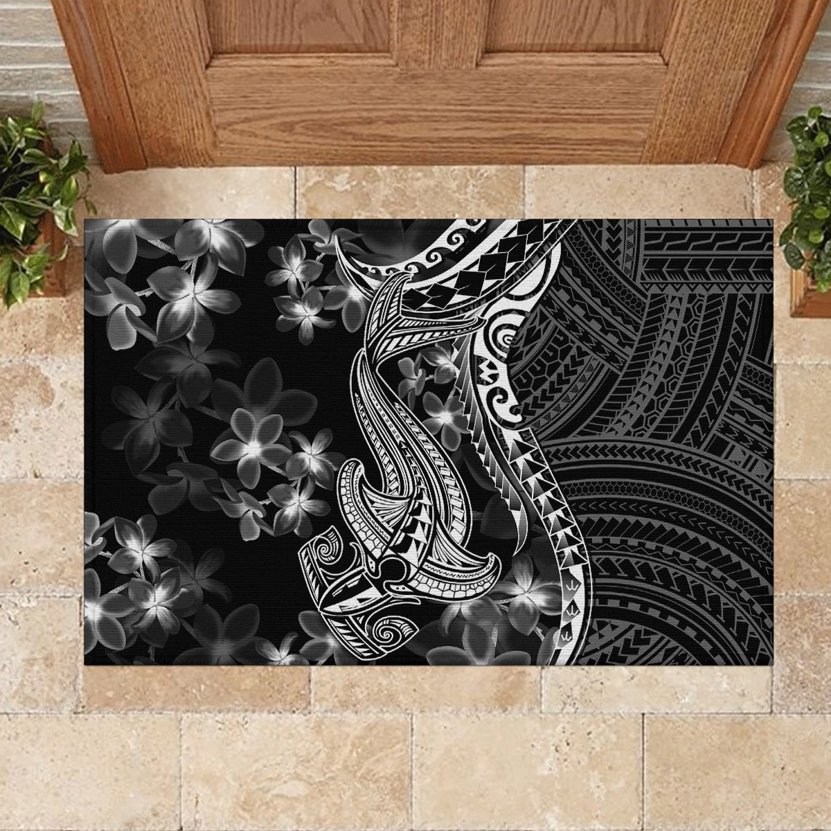 Black Polynesia Rubber Doormat Shark Tattoo With Polynesian Plumeria LT14 - Polynesian Pride
