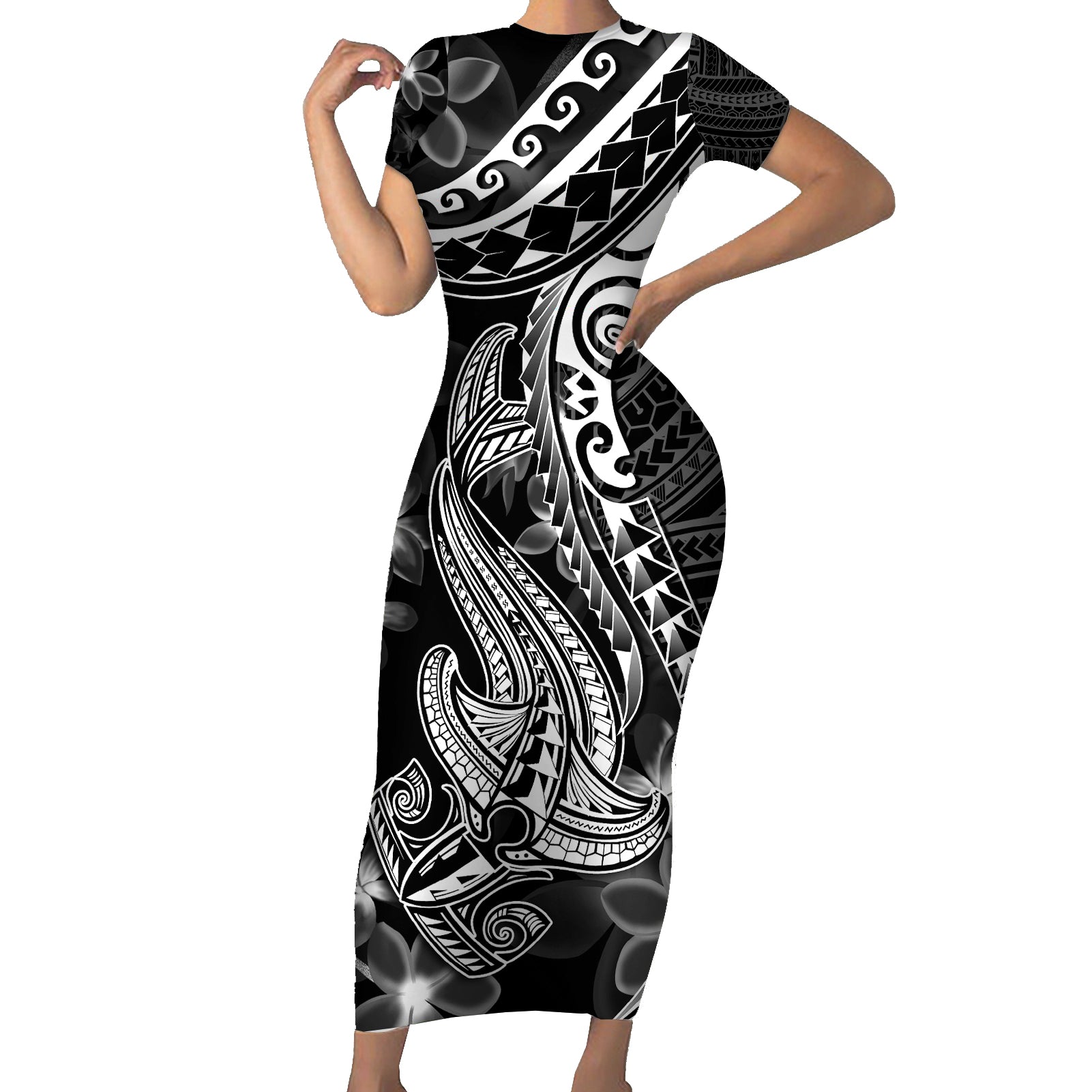 Black Polynesia Short Sleeve Bodycon Dress Shark Tattoo With Polynesian Plumeria LT14 Long Dress Black - Polynesian Pride