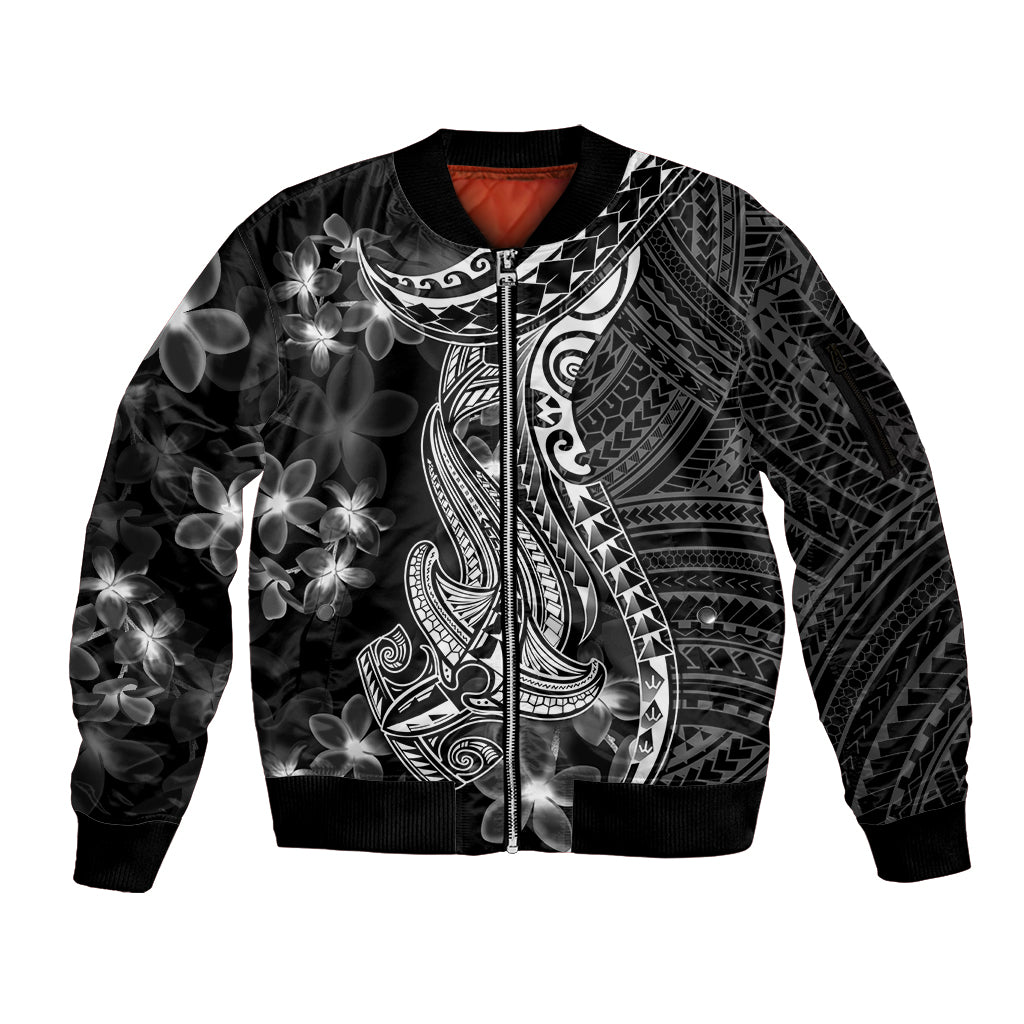 Black Polynesia Sleeve Zip Bomber Jacket Shark Tattoo With Polynesian Plumeria LT14 Unisex Black - Polynesian Pride