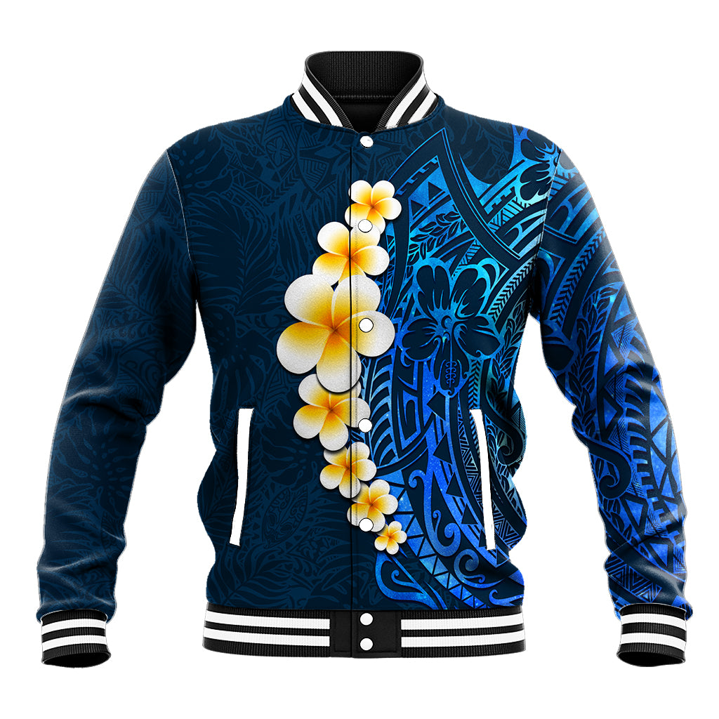 Blue Polynesia Baseball Jacket Plumeria Tropical Leaves With Galaxy Polynesian Art LT14 Unisex Blue - Polynesian Pride