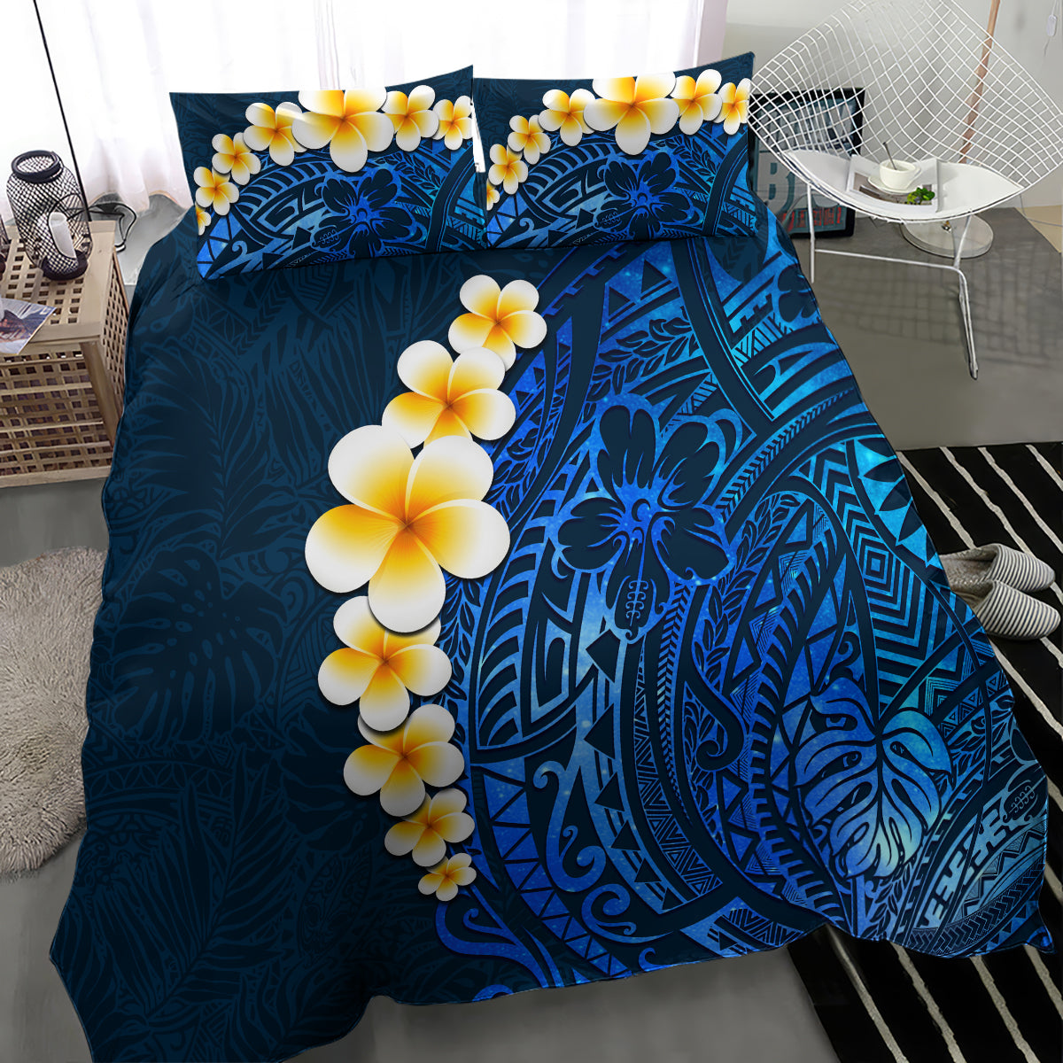 Blue Polynesia Bedding Set Plumeria Tropical Leaves With Galaxy Polynesian Art LT14 - Polynesian Pride