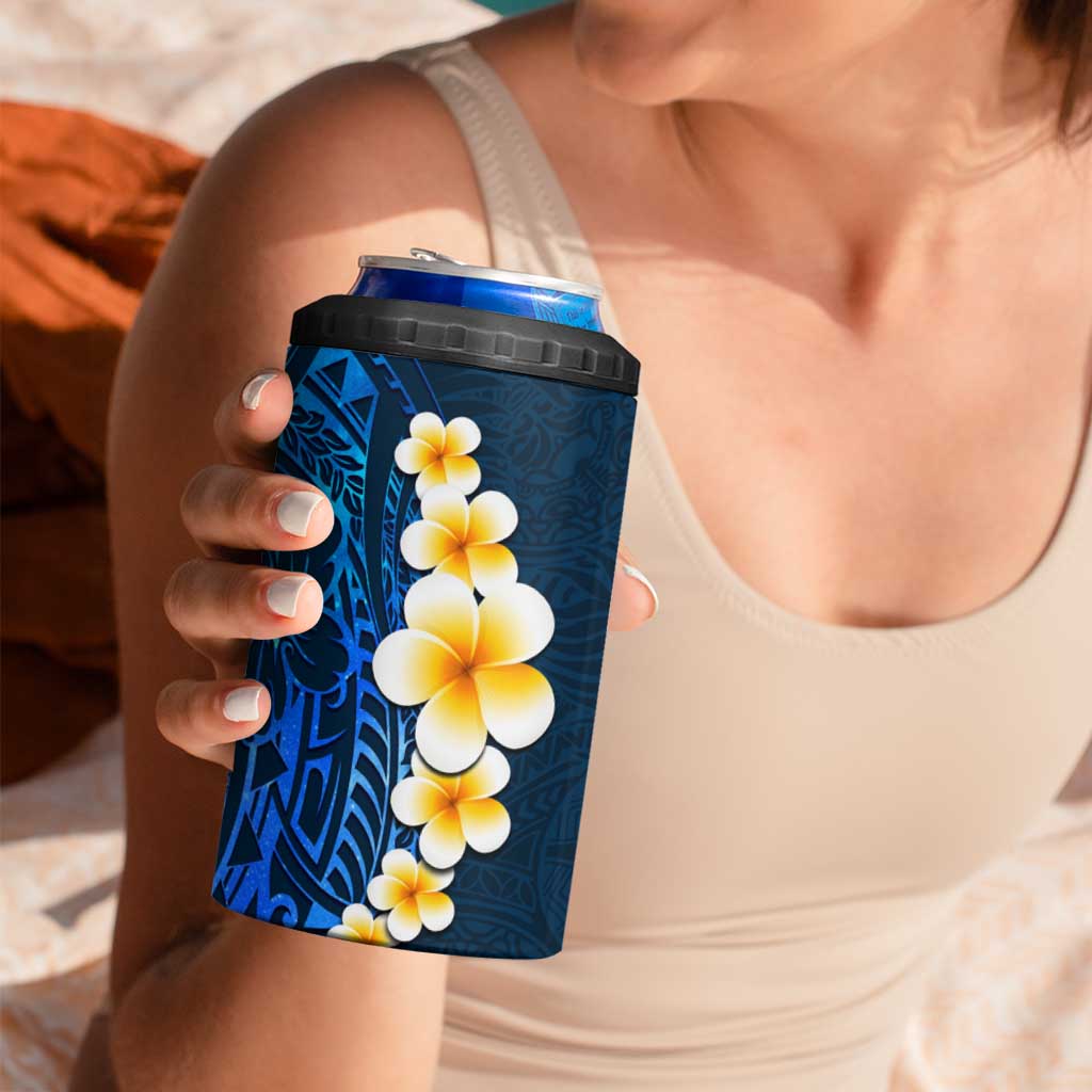 Blue Polynesia 4 in 1 Can Cooler Tumbler Plumeria Tropical Leaves With Galaxy Polynesian Art