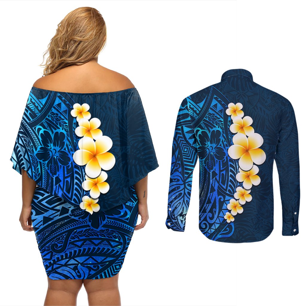 Blue Polynesia Couples Matching Off Shoulder Short Dress and Long Sleeve Button Shirt Plumeria Tropical Leaves With Galaxy Polynesian Art LT14 - Polynesian Pride