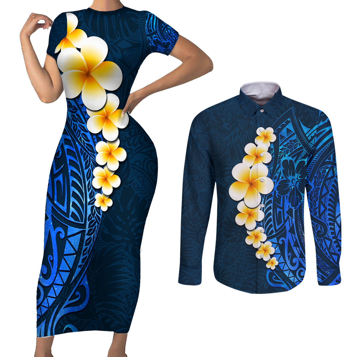 Blue Polynesia Couples Matching Short Sleeve Bodycon Dress and Long Sleeve Button Shirt Plumeria Tropical Leaves With Galaxy Polynesian Art LT14 Blue - Polynesian Pride