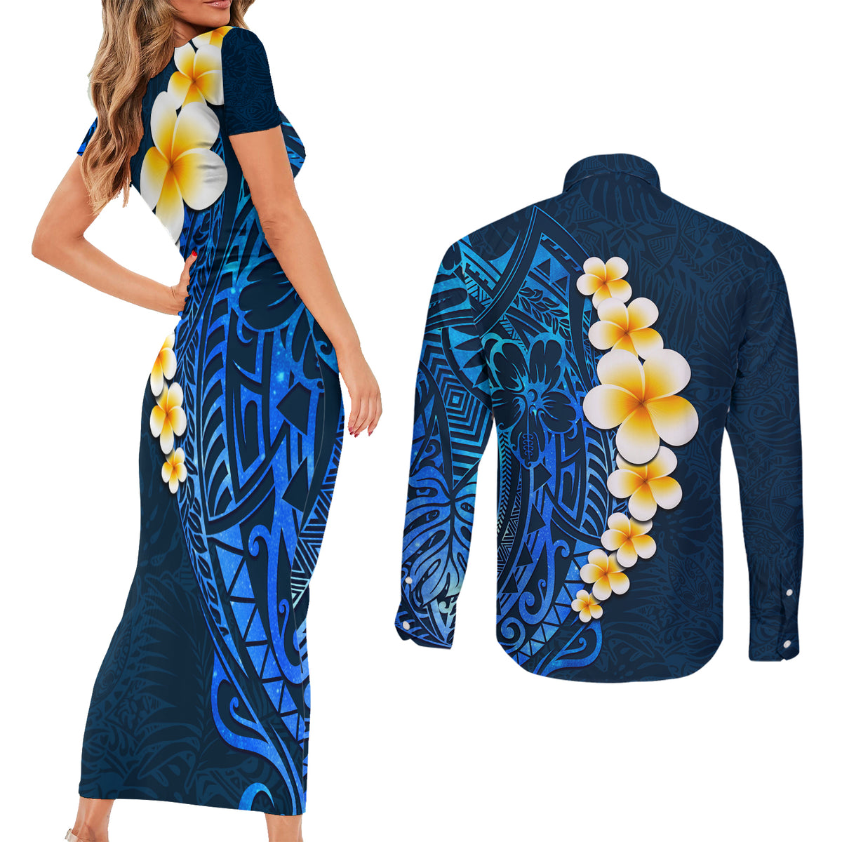 Blue Polynesia Couples Matching Short Sleeve Bodycon Dress and Long Sleeve Button Shirt Plumeria Tropical Leaves With Galaxy Polynesian Art LT14 - Polynesian Pride