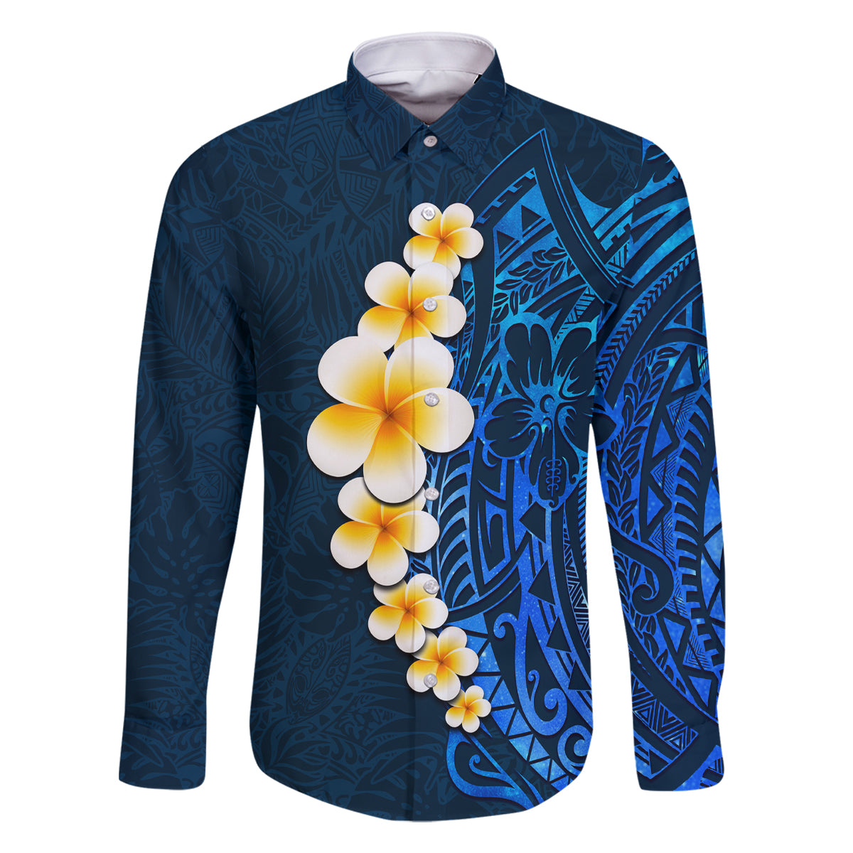 Blue Polynesia Family Matching Long Sleeve Bodycon Dress and Hawaiian Shirt Plumeria Tropical Leaves With Galaxy Polynesian Art LT14 Dad's Shirt - Long Sleeve Blue - Polynesian Pride