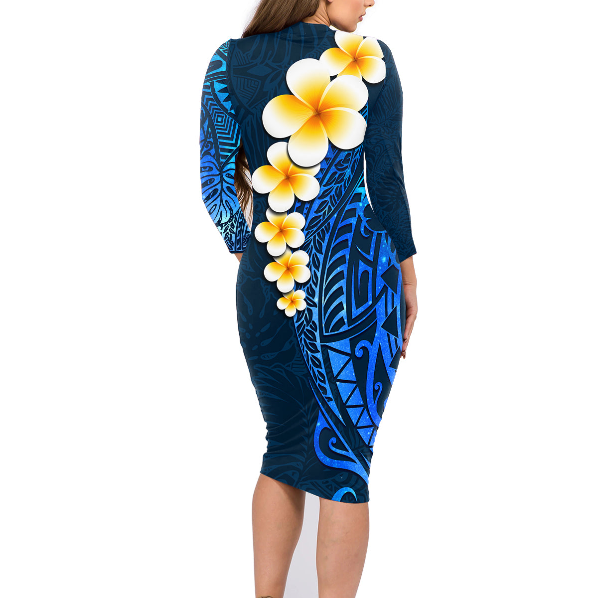 Blue Polynesia Family Matching Long Sleeve Bodycon Dress and Hawaiian Shirt Plumeria Tropical Leaves With Galaxy Polynesian Art LT14 - Polynesian Pride