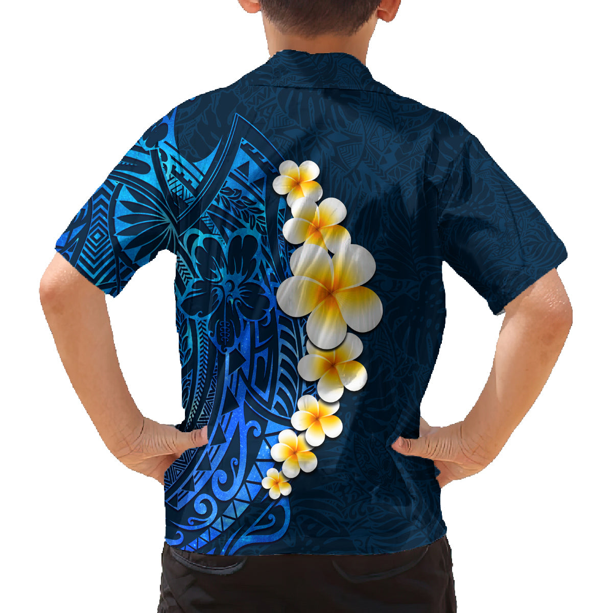 Blue Polynesia Family Matching Tank Maxi Dress and Hawaiian Shirt Plumeria Tropical Leaves With Galaxy Polynesian Art LT14 - Polynesian Pride