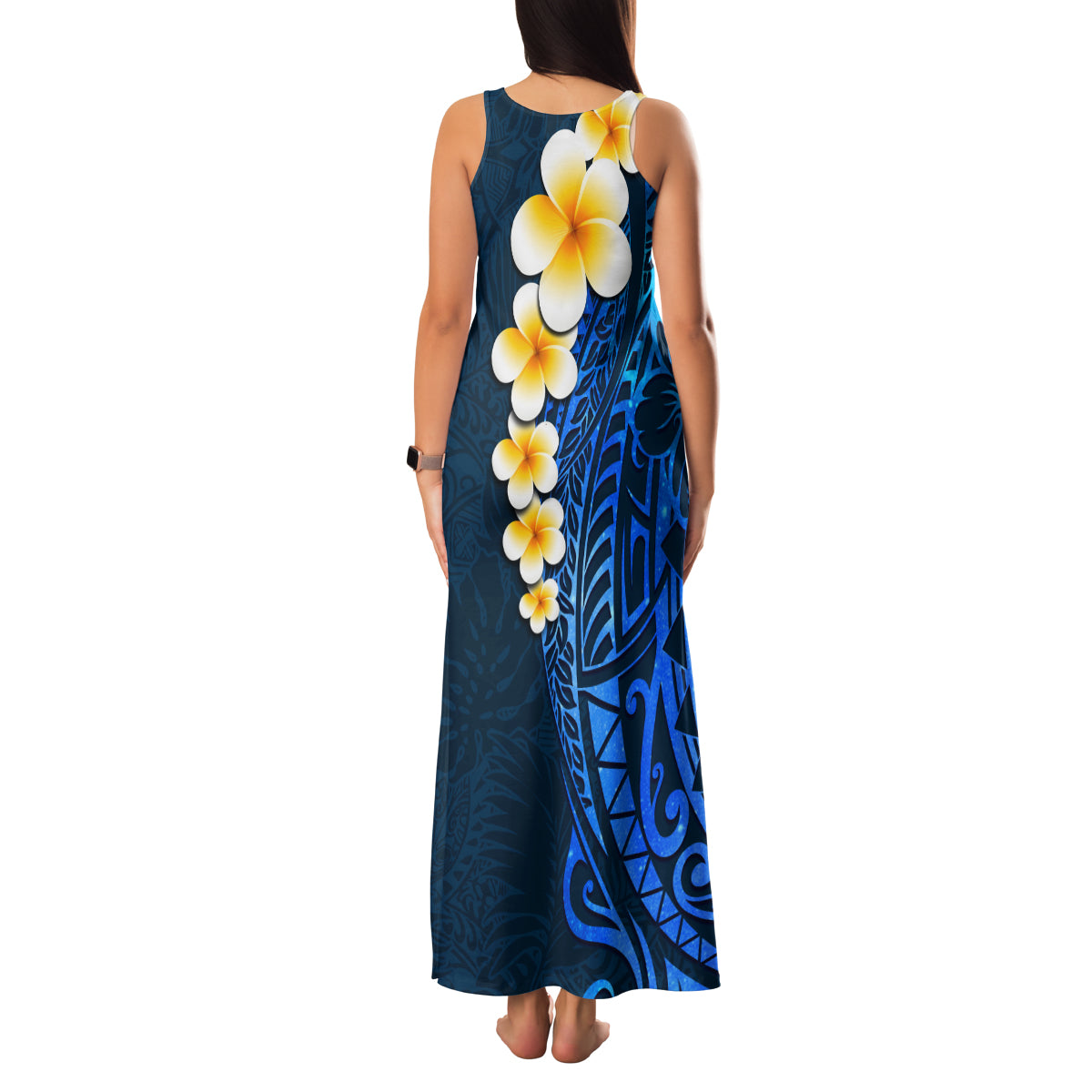 Blue Polynesia Family Matching Tank Maxi Dress and Hawaiian Shirt Plumeria Tropical Leaves With Galaxy Polynesian Art LT14 - Polynesian Pride