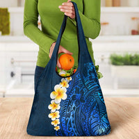 Blue Polynesia Grocery Bag Plumeria Tropical Leaves With Galaxy Polynesian Art