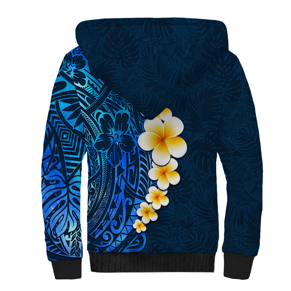 Blue Polynesia Sherpa Hoodie Plumeria Tropical Leaves With Galaxy Polynesian Art LT14 - Polynesian Pride