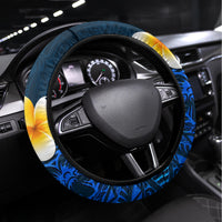 Blue Polynesia Steering Wheel Cover Plumeria Tropical Leaves With Galaxy Polynesian Art