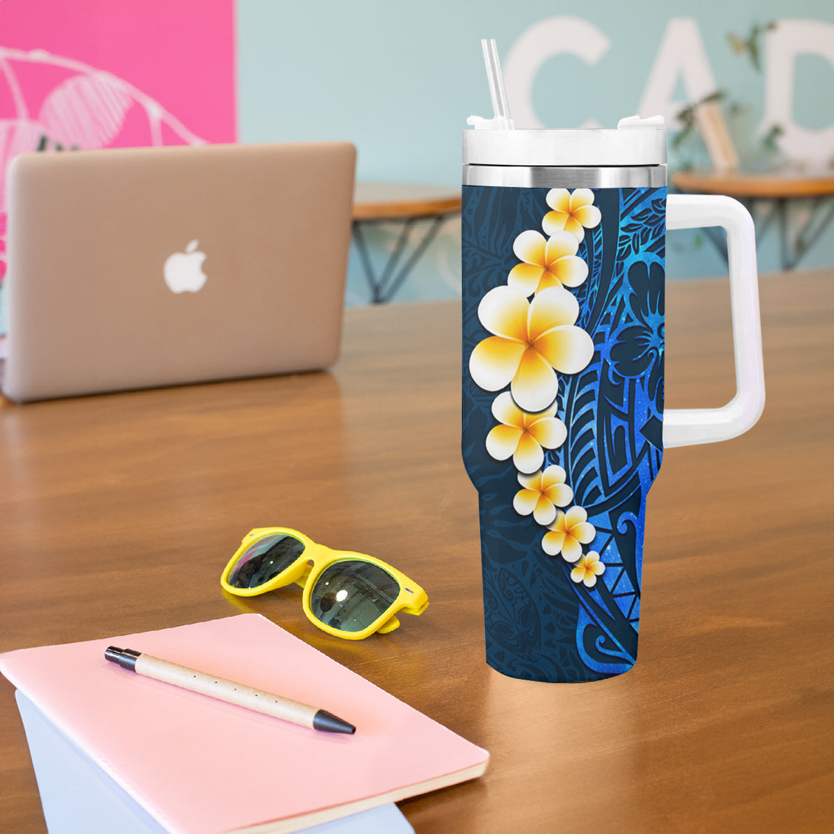 Blue Polynesia Tumbler With Handle Plumeria Tropical Leaves With Galaxy Polynesian Art