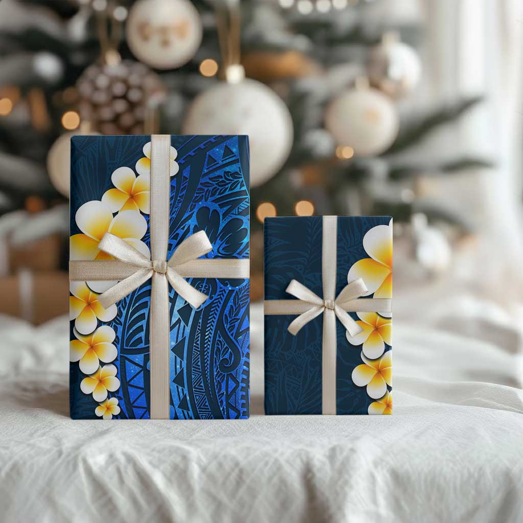 Blue Polynesia Wrapping Paper Plumeria Tropical Leaves With Galaxy Polynesian Art LT14 - Polynesian Pride