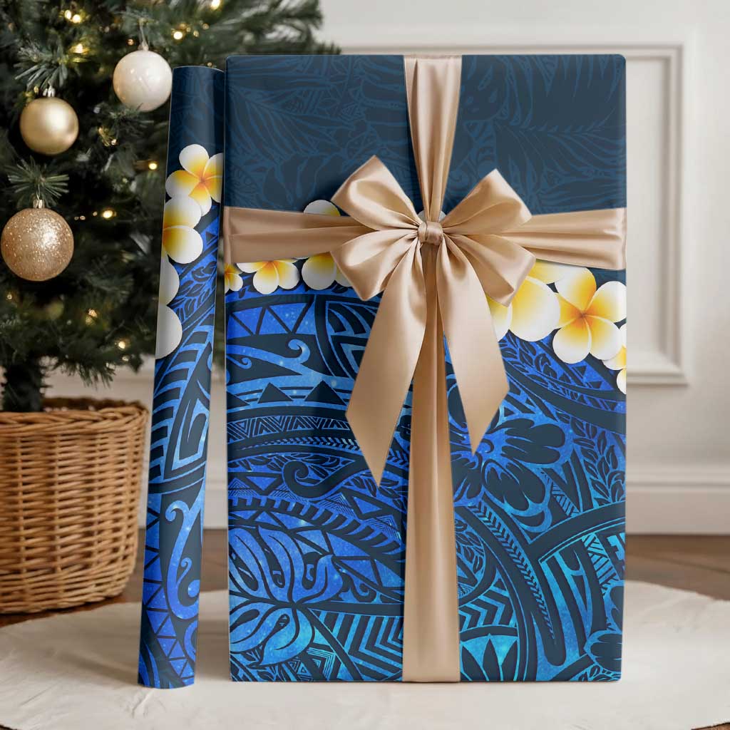 Blue Polynesia Wrapping Paper Plumeria Tropical Leaves With Galaxy Polynesian Art LT14 - Polynesian Pride