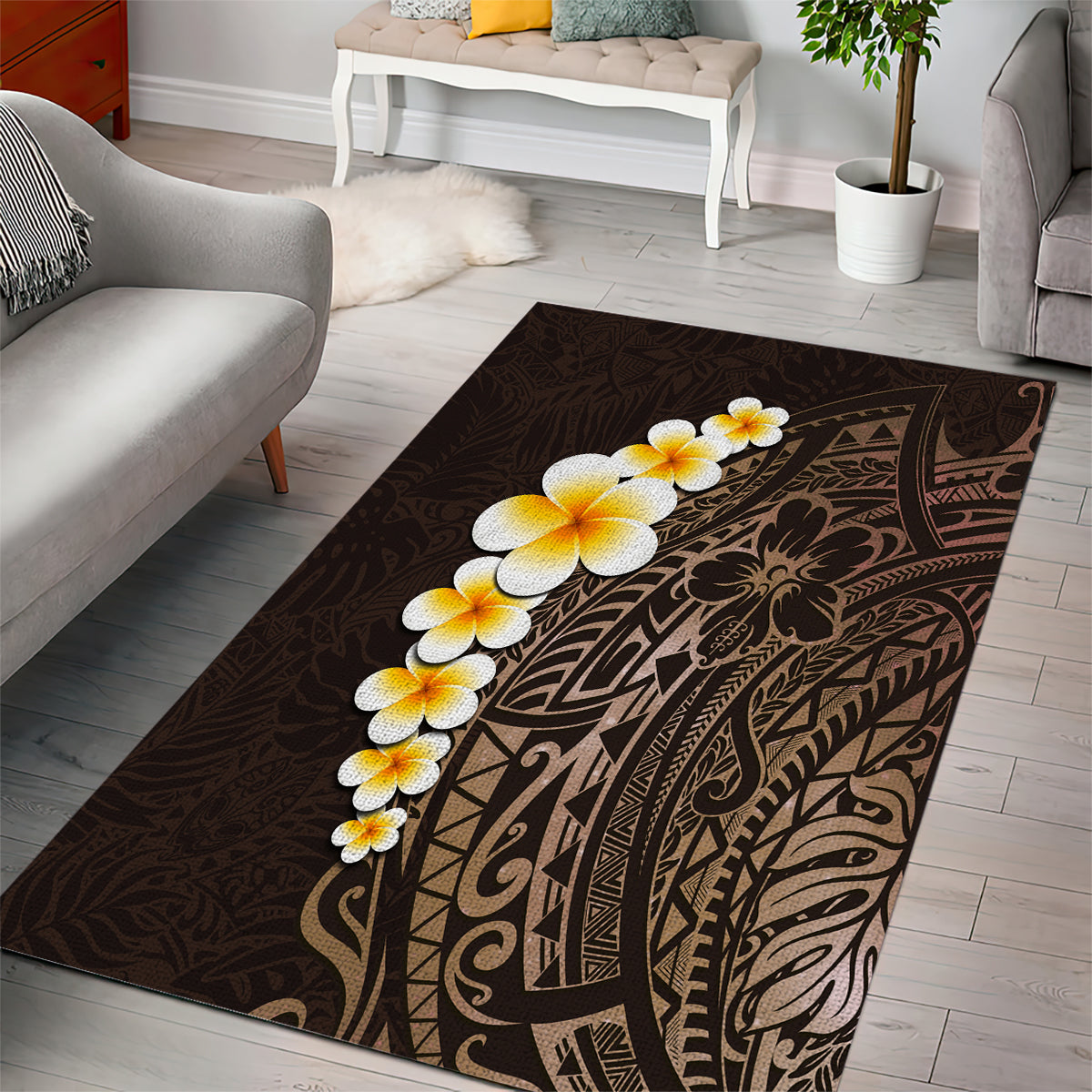 Brown Polynesia Area Rug Plumeria Tropical Leaves With Galaxy Polynesian Art LT14 - Polynesian Pride
