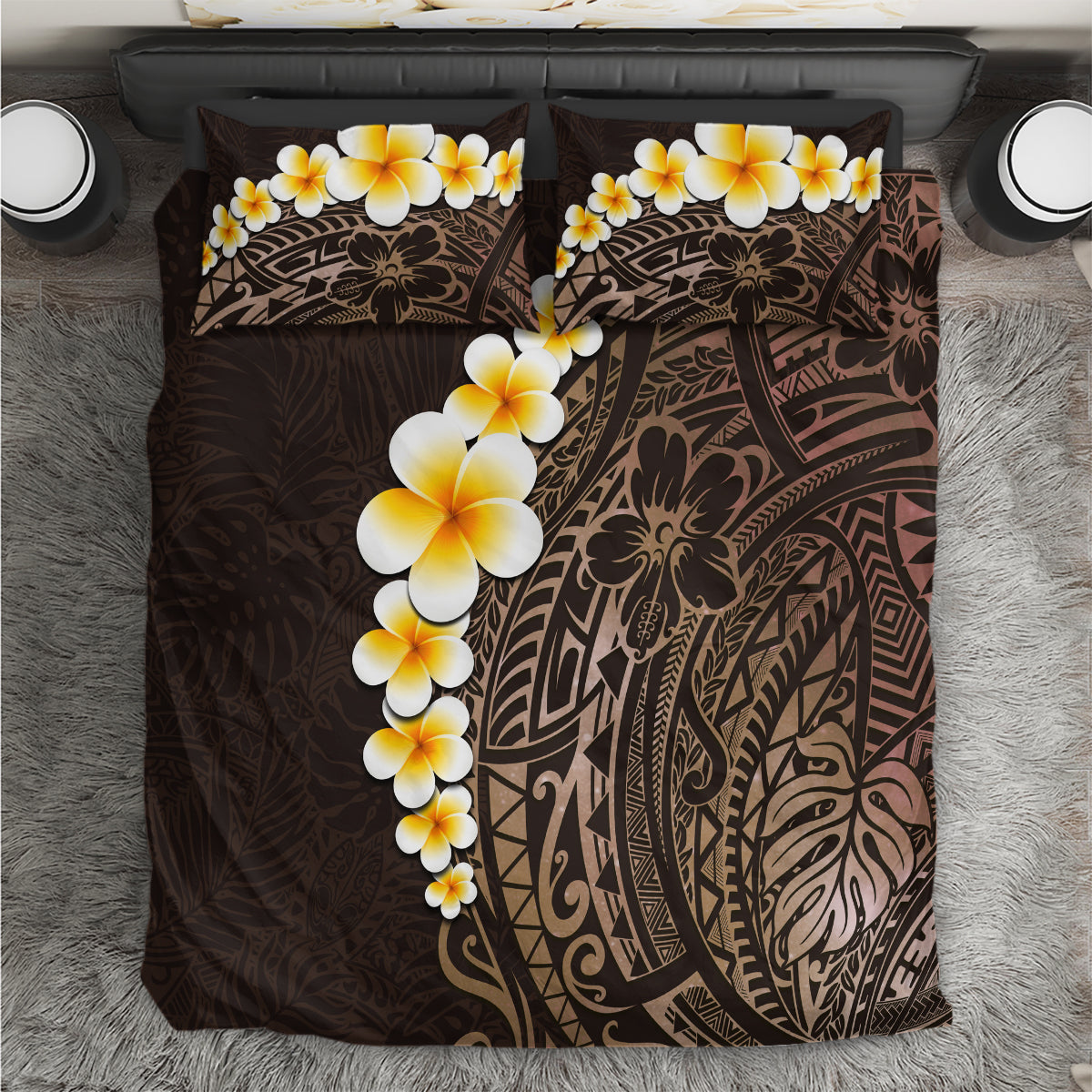Brown Polynesia Bedding Set Plumeria Tropical Leaves With Galaxy Polynesian Art LT14 Brown - Polynesian Pride