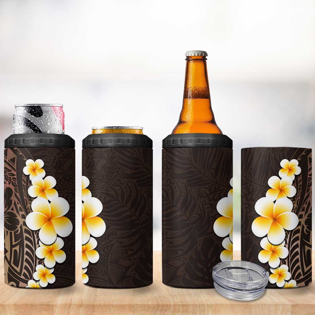 Brown Polynesia 4 in 1 Can Cooler Tumbler Plumeria Tropical Leaves With Galaxy Polynesian Art