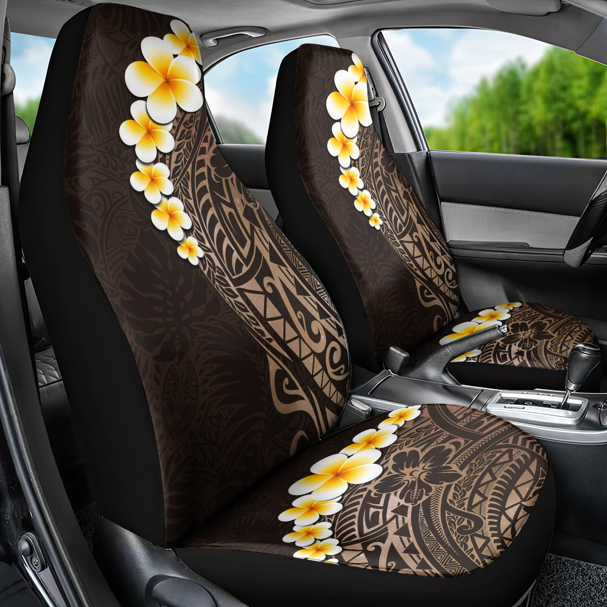 Brown Polynesia Car Seat Cover Plumeria Tropical Leaves With Galaxy Polynesian Art LT14 - Polynesian Pride