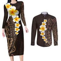 Brown Polynesia Couples Matching Long Sleeve Bodycon Dress and Long Sleeve Button Shirt Plumeria Tropical Leaves With Galaxy Polynesian Art LT14 Brown - Polynesian Pride