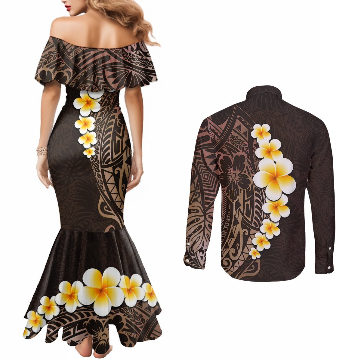 Brown Polynesia Couples Matching Mermaid Dress and Long Sleeve Button Shirt Plumeria Tropical Leaves With Galaxy Polynesian Art LT14 - Polynesian Pride