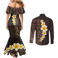 Brown Polynesia Couples Matching Mermaid Dress and Long Sleeve Button Shirt Plumeria Tropical Leaves With Galaxy Polynesian Art LT14 - Polynesian Pride