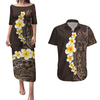 Brown Polynesia Couples Matching Puletasi Dress and Hawaiian Shirt Plumeria Tropical Leaves With Galaxy Polynesian Art LT14 Brown - Polynesian Pride