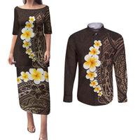 Brown Polynesia Couples Matching Puletasi Dress and Long Sleeve Button Shirt Plumeria Tropical Leaves With Galaxy Polynesian Art LT14 Brown - Polynesian Pride