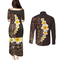 Brown Polynesia Couples Matching Puletasi Dress and Long Sleeve Button Shirt Plumeria Tropical Leaves With Galaxy Polynesian Art LT14 - Polynesian Pride