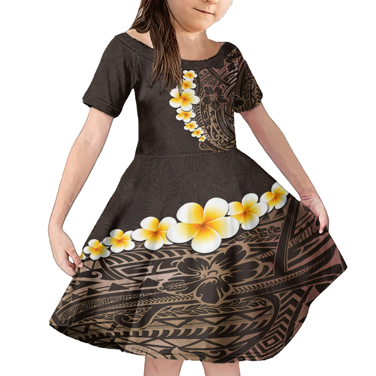 Brown Polynesia Family Matching Off Shoulder Short Dress and Hawaiian Shirt Plumeria Tropical Leaves With Galaxy Polynesian Art LT14 Daughter's Dress Brown - Polynesian Pride