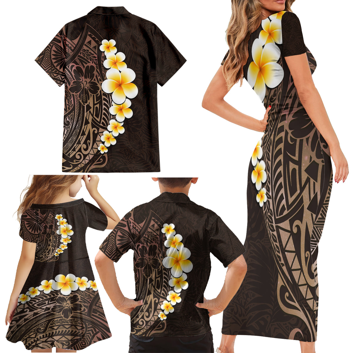 Brown Polynesia Family Matching Short Sleeve Bodycon Dress and Hawaiian Shirt Plumeria Tropical Leaves With Galaxy Polynesian Art LT14 - Polynesian Pride