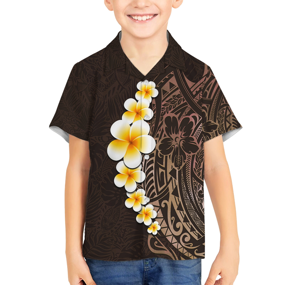Brown Polynesia Family Matching Tank Maxi Dress and Hawaiian Shirt Plumeria Tropical Leaves With Galaxy Polynesian Art LT14 Son's Shirt Brown - Polynesian Pride