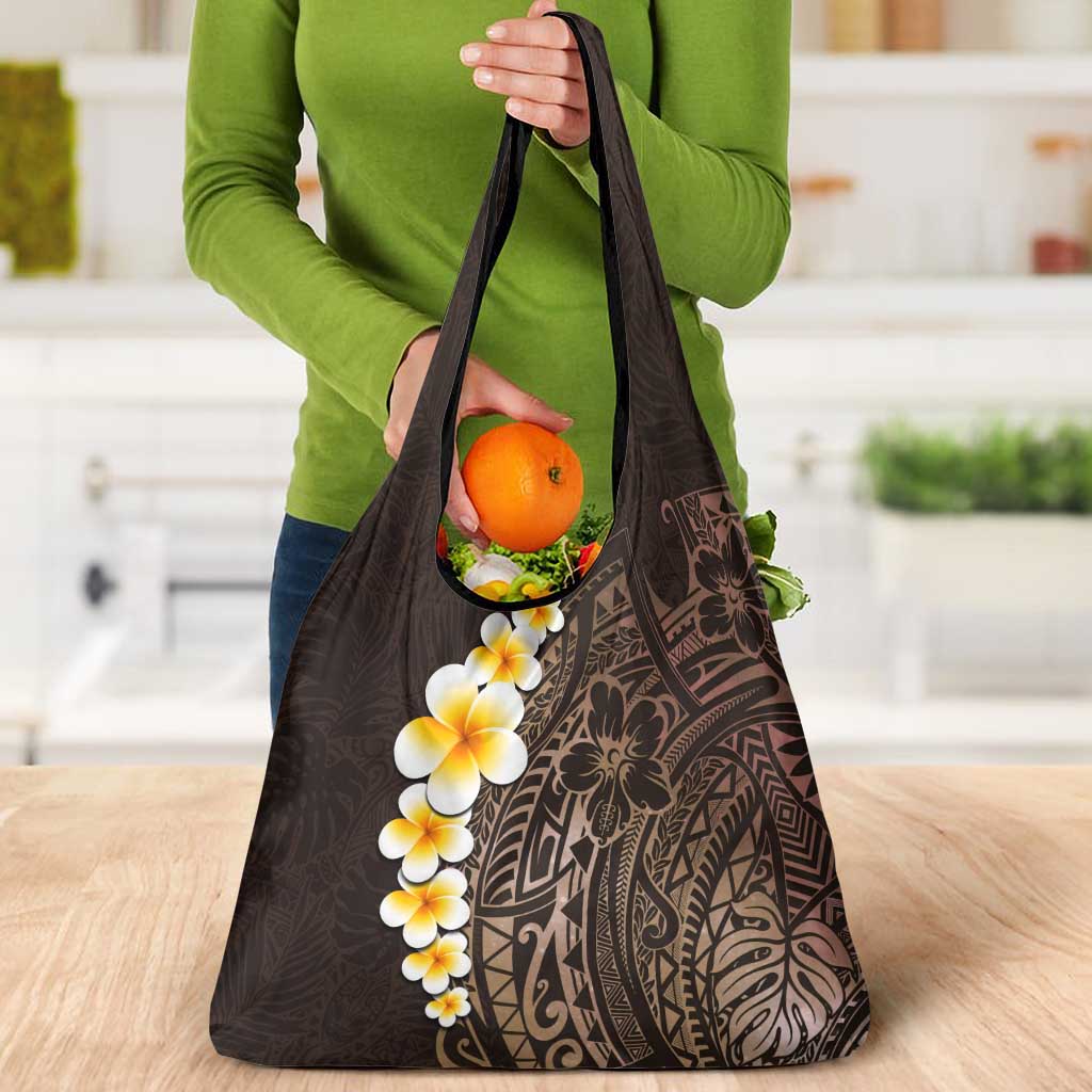 Brown Polynesia Grocery Bag Plumeria Tropical Leaves With Galaxy Polynesian Art